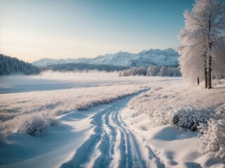 Fototapeta na wymiar winter landscape with trees and snow, Stunning beauty of winter nature with snow during the holiday season, A beautiful winter landscape with snow-covered trees, showcasing the stunning snow beauty