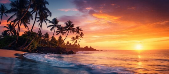 Fototapeta na wymiar Stunning sunset over palm trees and ocean, perfect for a summer getaway.