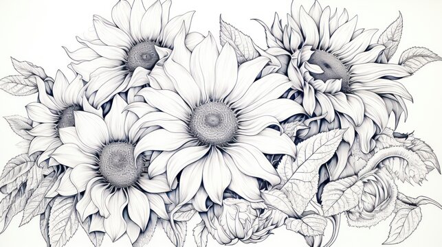  a drawing of a bunch of sunflowers with leaves on the bottom and bottom of the image on a white background.