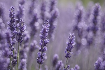 Obraz premium Violet lavender field. Lavanda purple flowers beautiful sunshine blooming in a garden, Latvia
