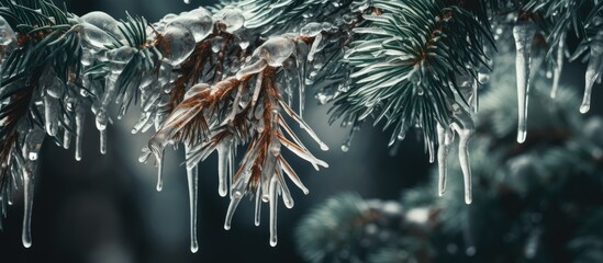 Icy spruce branches with melting icicles.