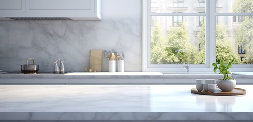 A kitchen interior design with an empty, clean white table. generative AI
