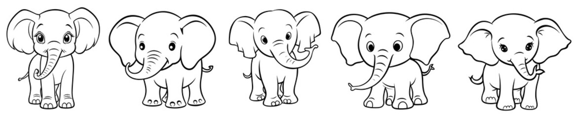 Fototapeta premium Cute elephant, simple thick lines kids and preschool children cartoon coloring book pages. Clean drawing illustration. Generative AI