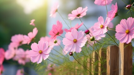  a close up of pink flowers on a wooden fence with a blurry background of a building in the background.