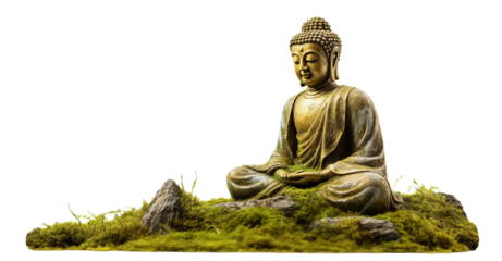 Golden buddha statue on mossy rocks, cut out