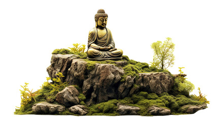 Golden buddha statue on mossy rocks, cut out