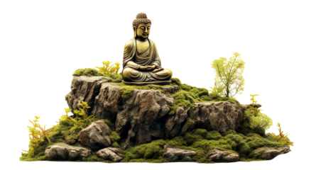 Golden buddha statue on mossy rocks, cut out