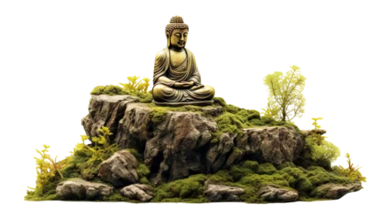 Tuinposter Golden buddha statue on mossy rocks, cut out © Yeti Studio