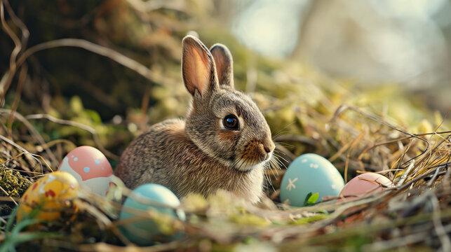 Hase mit Ostereiern in einer wundersch&ouml;nen Landschaft