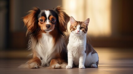 A striking image of a small dog and a cat in a pet portrait.
