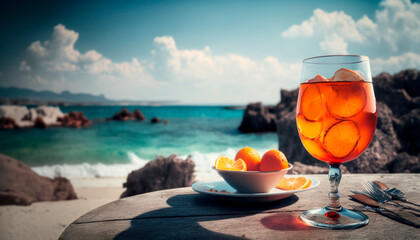 Chilled aperol cocktail on the table on the beach. Generative AI, - obrazy, fototapety, plakaty