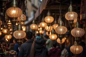 Turkish lanterns hanging from the ceiling in a market. The lanterns are predominantly gold and made of metal with intricate designs. - obrazy, fototapety, plakaty
