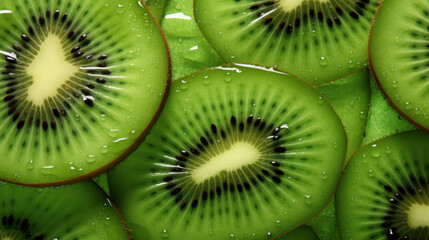  a close up of a kiwi fruit with drops of water on the top of it's slices and the inside of the kiwi.