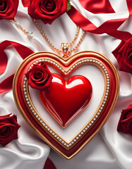 Amazing embossed red love heart laying on taffeta velvet surrounded by red ribbons
