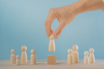 leadership human resources motivation to success, wood doll conception, success leader in performance opportunity  recruitment in vision of business team, growth by knowledge to professional position