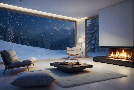 cozy living room at night with fireplace with animated snow falling down 