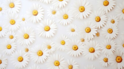  a close up of a bunch of daisies on a white surface with a yellow center surrounded by smaller daisies.