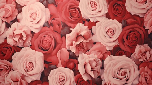  a bunch of red and pink roses on a red and pink background with leaves and flowers in the middle of the picture.