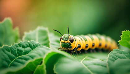 Caterpillar on vegetable leaves, pest control in agriculture concept. Generative AI,