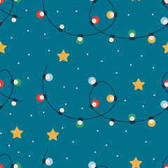 Christmas pattern with garland with light bulbs, stars.