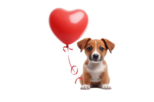 dog hold heart shape balloon on transparent background
