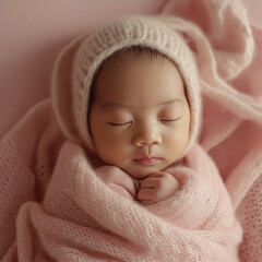 サーモンピンクのニットにくるまれて寝ている新生児。 - obrazy, fototapety, plakaty