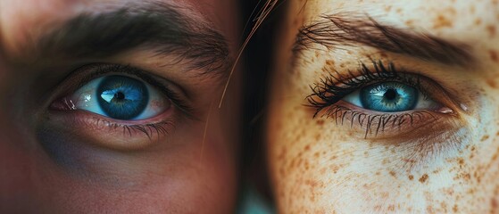 Expressive blue eyes of a man and a woman, revealing the depth of emotions and connection within their gaze - obrazy, fototapety, plakaty