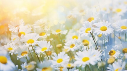  a field of white and yellow daisies with the sun shining through the clouds in the background.