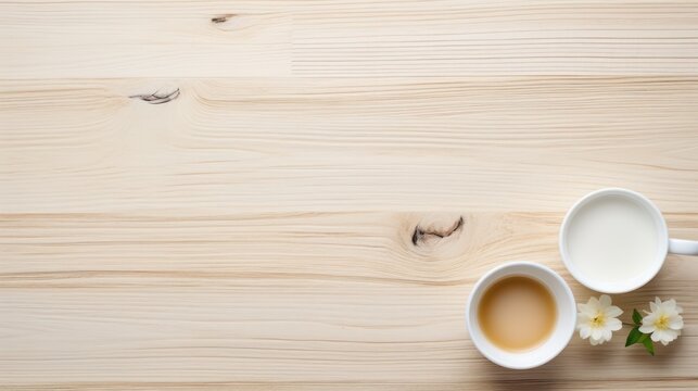  two cups of coffee sit next to each other on a wooden table with flowers in the middle of the cups.