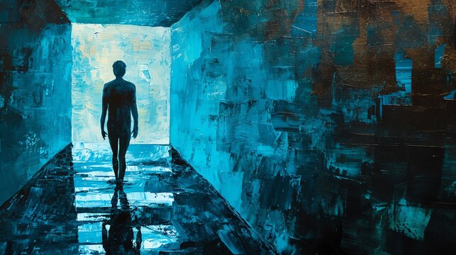 Abstract painting captures a shadowy figure navigating a labyrinth of textured blues, embodying the complex journey of confronting inner fears.