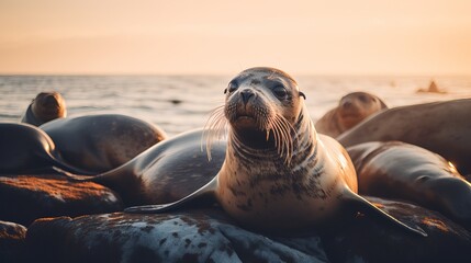 A close-up view of a group of sea lions lying on rocks. - Powered by Adobe