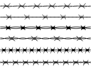 Barbed wire. Razor wire silhouettes. Barbed wire metallic border elements, sharply barb wire fencing vector symbols set. Prison barbed wire