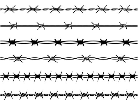 Barbed wire. Razor wire silhouettes. Barbed wire metallic border elements, sharply barb wire fencing vector symbols set. Prison barbed wire