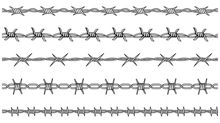 Barbed wire. Razor wire silhouettes. Barbed wire metallic border elements, sharply barb wire fencing vector symbols set. Prison barbed wire