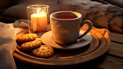  a cup of tea next to a plate of cookies and a lit candle on a wooden tray on a bed.