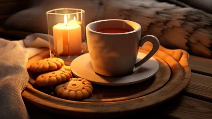 Foto op Plexiglas  a cup of tea next to a plate of cookies and a lit candle on a wooden tray on a bed. © Olga
