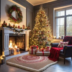 Wohnzimmer an Weihnachten im Landhaus mit Kaminfeuer