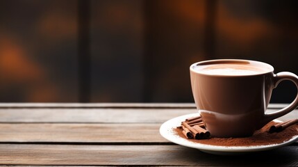 Fototapeta premium a close up of a cup of coffee on a saucer with cinnamon on a saucer on a wooden table.