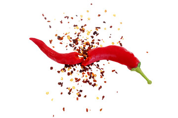 organic kashmiri red chili pepper with chili pepper flakes powder burst texture,cutout transparent...