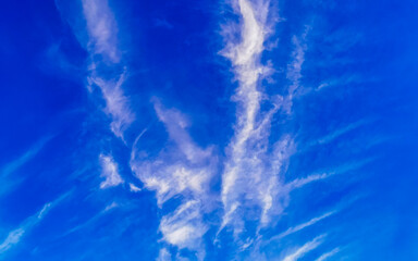Blue sky with chemical chemtrails cumulus clouds scalar waves sky.