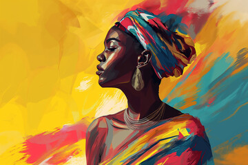 Black History Month - A colorful illustration for the Africans' concept of Africa Day, depicting a woman and the colors represent the unique colors of Africa - obrazy, fototapety, plakaty