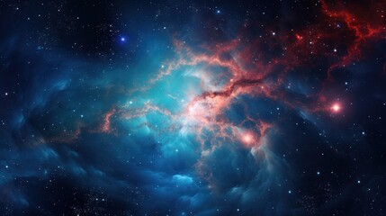  a large cluster of stars in the middle of a space filled with blue, red and white clouds and stars.