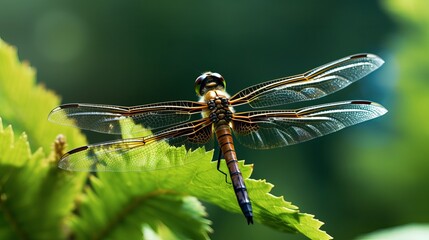 An image of a dragonfly perched on lush green foliage in a forest.