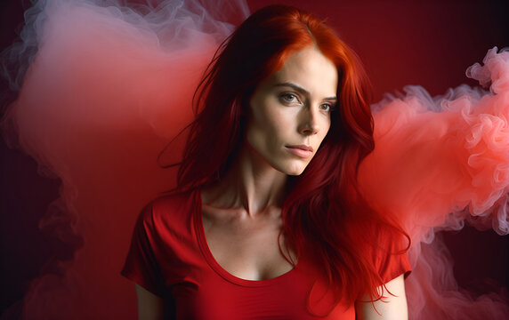 Redhead model in a yellow t-shirt amidst ethereal smoke. Captivating ginger beauty wrapped in a red mist