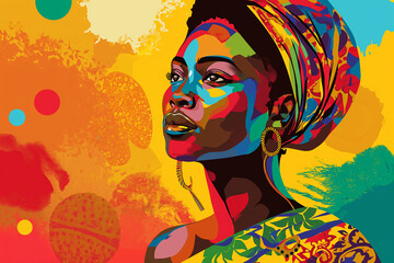 Black History Month - A colorful illustration for the Africans' concept of Africa Day, depicting a woman and the colors represent the unique colors of Africa