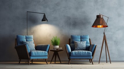 Blue armchairs and a floor lamp are part of a classic interior