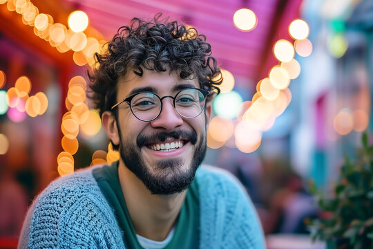 SMILING YOUNG MAN. SITTING OUTSIDE. BACKGROUND OF DEFOCUSED LIGHTS.