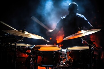 Man plays musical percussion instrument, drums on stage