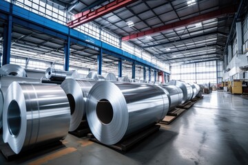 Rolls of galvanized steel sheet inside the factory or warehouse. Industrial production - obrazy, fototapety, plakaty