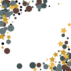 Gold, blue, brown, black confetti with circles and stars. Cosmic shine. Christmas abstract pattern. Beautiful illustration for postcard, banner, web. Background for the image. Vector illustration